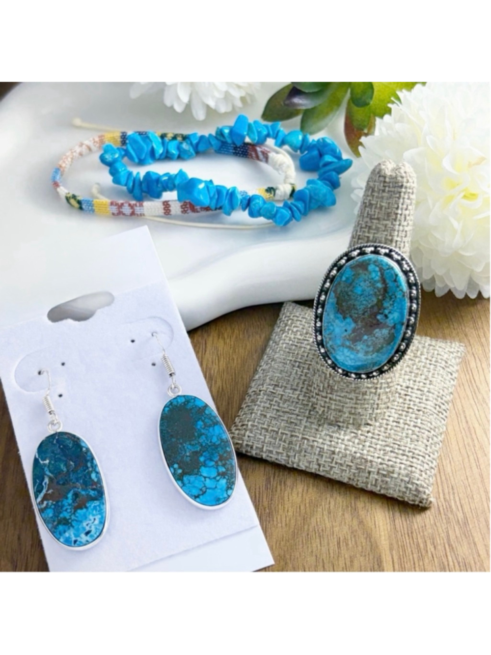 Jewelry Set Lot BIG Turquoise Ring Size 8 Earrings Bracelets New 925 Sterling